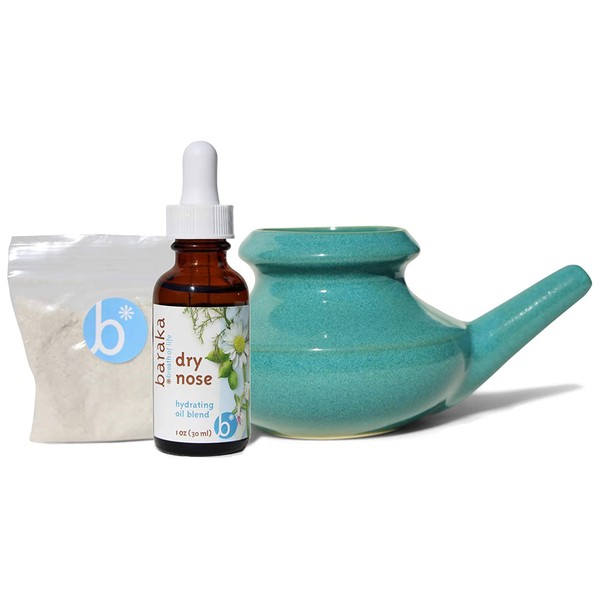 Baraka Sinus Complete Ayurvedic Care & Relief Kit - Ceramic Neti Pot (Jade), 1 oz Essential Oil Blend for Dry Nose, and 2 oz Mineral Salt Rinse - Snoring & Saline Solution