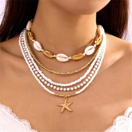 COLORFUL BLING Boho Puka Shell Starfish Seashell Choker Necklace for Women Layered Stackable Adjustable Beaded Chain Necklace Hawaiian Holiday Summer Beach Jewelry-B white