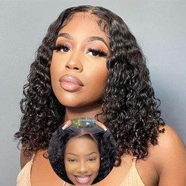 Wigs for Women Human Hair Pre Plucked Deep Wave 4x4 Lace Closure Wigs Deep Curly Bob Wig Human Hair Wigs with Baby Hair Wear and Go Glueless Wigs for Black Women 14 Inch Natural Black