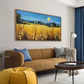 AJAZIKO Fall Wall Art Impression Framed Wall Art, Sunset Yellow Fall Canvas - Monet, Moon, Office & Living Room Decor - Blue Landscape Pictures Wall Decor -Artwork for Bedroom 24×48IN