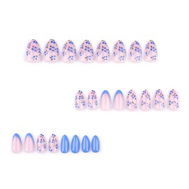 24 Pcs Spring Press on Nails Short Almond, ZIFANHU Blue French Fake Nails Press ons Cute blueberry Nail Tips Glue on Nails Full Cover Acrylic Nail Kit False Nails Reusable Stick on Nails for Women