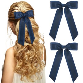 2Pcs Navy Blue Bows for Girls Hair, 5.5 Inch Navy Blue Tassel Ribbon Bowknot Hair Clips Barrettes Clips with Long Tail Her Vintage Dress Outfit Decor Accessory