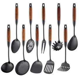 Stainless Steel Kitchen Utensils Set with Wood Handle, 18/10 Metal Cooking Utensils Set, 10-Piece - Spatula, Spoon, Ladle, Skimmer, Slotted Turners, Pasta Server, Fork, Masher(Dishwasher Safe)