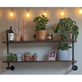 Industrial Pipe Wall Shelves Pipe Shelving with Real Wood Plank ,36 Inches Floating Shelves for Wall Farmhouse Pipe Book Shelves Dark Brown 2 Tier for Kitchen,Living Room Decor and Bar Shelving
