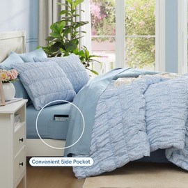 BLOOMHAVEN Queen Comforter Set - 7 Pieces Blue Classic Puff Floral Bedding Sets for All Seasons, Shabby Chic Farmhouse Bed in a Bag Queen with Wildflowers Fluffy Comforter, Sheets, Pillowcases & Shams