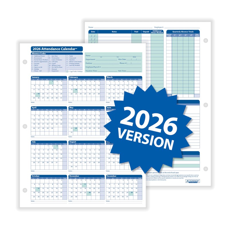 ComplyRight 2026 Attendance Calendar Card, White, Pack of 50