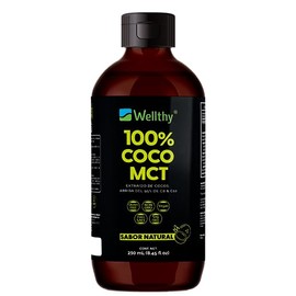 Wellthy MCT 250ml, 16 Porciones, Ácido Caprílico 100% Puro y Natural de Coco, KETO y Paleo Safe, Energía y Concentración, 0g de Azúcar, Gluten Free, NON GMO, Vegan, Libre de Soya, Certificado Internacionalmente, MCT Importado.