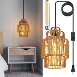 tebio Plug in Pendant Light,Rattan Hanging Lights with Plug in Cord 13FT Hemp Rope Cord, On/Off Switch Chandelier for Boho Living Room Bedroom Kitchen（Bulb Included）