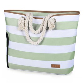 Lekespring Women's Large Beach Bag with Zip, Versatile Bath Bag, XXL Family Sauna Bag, Travel Bag, Beach Tote Bag, Green Striped