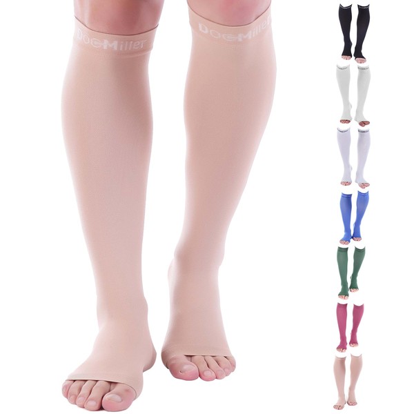 Doc Miller Open Toe Compression Socks Women and Men, 20-30 mmHg Toeless Compression Socks Women, Recovery Support Circulation Shin Splints Varicose Veins (Skin/Nude, 4X-Large Tall)