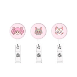 TJIUSI 3PCS Retractable Badge Reel Cute Anime Cat ID Badge Holder with Belt Clip Kawaii Pink Name Tag Reels for Nurses Office Staff Teacher Work ID Cards Name Card
