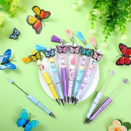 Qeeenar 12 Pcs Plastic Beadable Pens Butterfly Themed Bead Ballpoint Pen with Assorted Spacer Beads Silicone Beads Tassels Lobster Clasps and Packaging Bags for Office School Kid Gifts, Black Ink