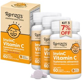 Renzo's InvinC KIT 3 | Vitamina C + Zinc para Niños | 60 Tabs Masticables sin Azúcar | Sabor Naranja