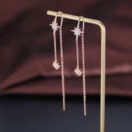 SLUYNZ Sterling Silver CZ Star Dangle Earrings for Women Teen Girls Long Dangle Earrings Threader Tassel (C-Rose Gold)