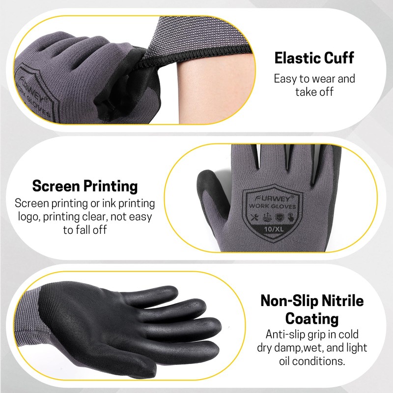 FURWEY Safety Work Gloves,16 Pairs Micro-Foam Nitrile Coated Glove for