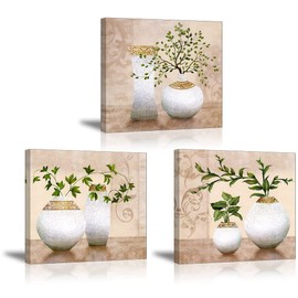 3 Piece Set Wall Art for Bathroom/Hallway, Piy Painting Elegant Canvas Painting Prints of Green Spring Plants in Vases on Beige/Tan Picture (Waterproof Decor, Ready to Hang, 12x12 x3)