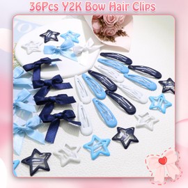 SAWINDA 36Pcs Navy Blue Mini Bow Hair Clips Star Snap Hair Barrettes for Women White Water Drop No Slip Hair Clips Small Hair Bows Star Bowknot Hair Accessories for Teens Girls