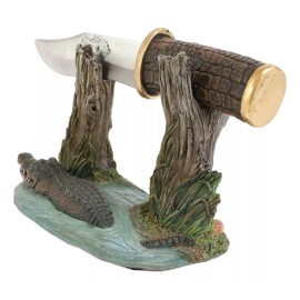 Swamp Bayou Crocodile Alligator Display With Decorative Dagger Knife Statue Set