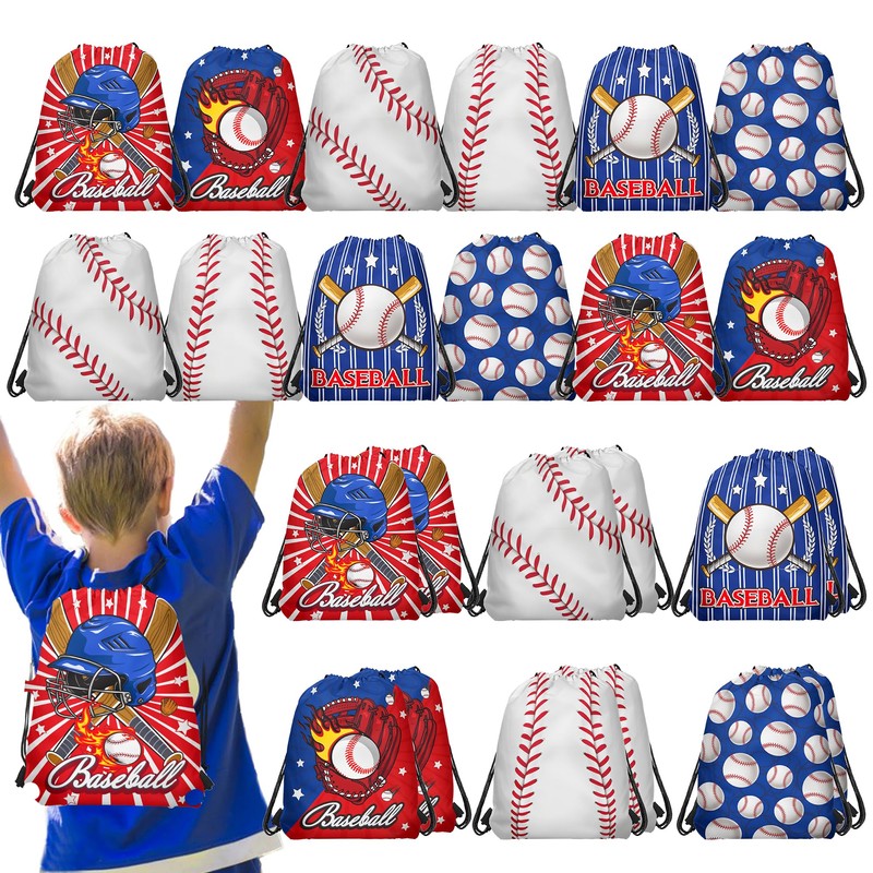 12 Pieces Baseball Themed Drawstring Non-Woven Bags, 3 Designs Sports