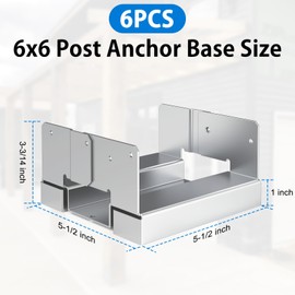 6 pcs 6x6 Galvanized Post Base for Concrete, Post Deck Base Anchor with 1" Standoff for Deck/Gazebo/Pergola/Porch