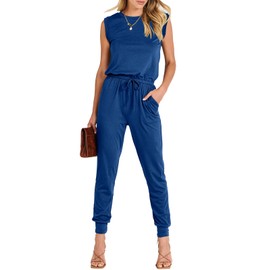 ANRABESS Women’s Summer Crewneck Sleeveless Casual Dressy Loose Stretchy Jumpsuits Rompers 2024 Trendy Outfits Blue Small