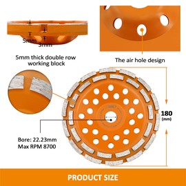 BGTEC Diamond Concrete Grinding Wheel, 7 Inch/180MM Double Row 28-Segments Cup Surface Grinding Disc for Angle Grinder, Polishing and Cleaning Granite Marble Masonry Stone