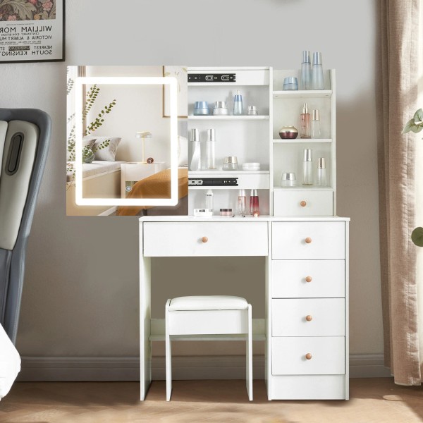 White Dressing Table Vanity Desk With Adjustable Light, Mirror, 6