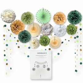 LowCarbonLife Party Decoration Green Boho, Sage Green, Pompoms, Paper Fans & Garland, Birthday Decoration, Wedding Decoration, Bridal Shower, Decorative Garden Party, Baby Shower, Christening