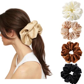 4 Packs Extra Large Satin Silk Hair Scrunchies Soft Big Oversized Scrunchy Thick Elastic Fluffy Hair Ties Ponytail Holder Jumbo Scrunchies for Women and girls
