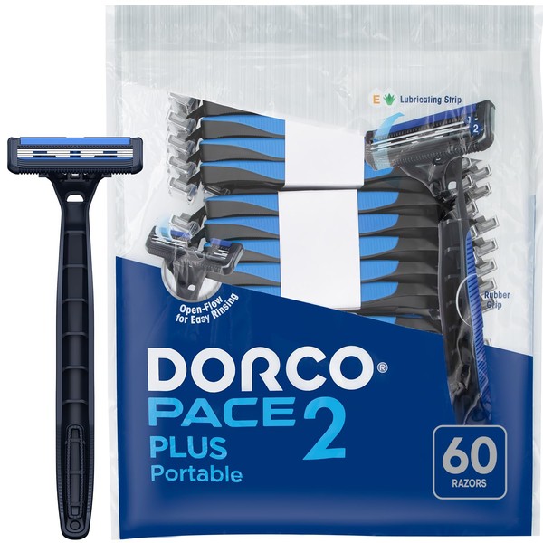 Dorco Pace 2 Plus Disposable Razor 2 blades Pivoting Head Open-Flow for Easy Rinsing with Lubricating Strip and Long Non-Slip Rubber Handle (60 ct)