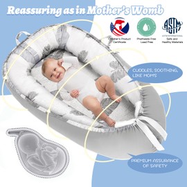 Baby Lounger Cover Pillow for Newborn 0-24 Months, Portable Infant Lounge Nest in Bed for Boy Girl, Grey Foldable Organic Babies Co Sleeping Pillows for New Born Travel Essential