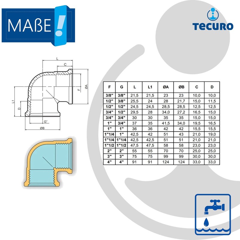 tecuro 90° Brass Angle with Internal Thread on Both Sides