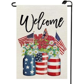 HIUCUS 4th of July Floral Mason Jar Garden Flag for Outside 12×18 Inch Double Sided Patriotic American Independence Memorial Day Summer Outdoor Yard Flag Decoration MG13