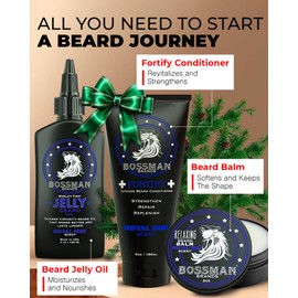 Bossman Essentials Beard Kit for Men, Set of 3 - Beard Oil Jelly, Fortifying Conditioner Cream, Beard Balm - Grooming Growth Care Accessories - Gift Set for Men (Hammer)