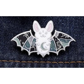 Cute Bat Silver and Green Moon Enamel Pin