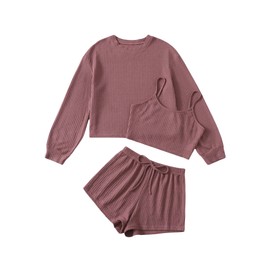 COZYEASE Women's 3 Piece Lounge Sets Ribbed Knit Cami Top Long Sleeve Tee Shirts and Shorts Pajama Sets Dusty Pink XL