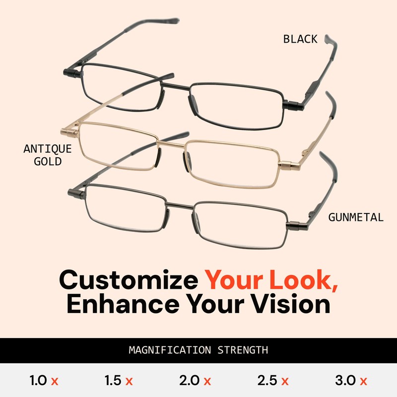 Microvision Flat Folding Reading Glasses, Gunmetal Frame, 3x Magnification For