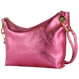 modamoda de - T243 / T252 Italian Shoulder Bag Small Leather / Suede, Candy Pink Metallic
