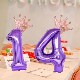 40 Inch Rose Gold Crown Number 14 Balloons, 14th Birthday Balloons for Men Women, Purple 14th Celebration Decor Happy 14th Birthday Party,14th Party Decoration Wedding Anniversary Events Supplies