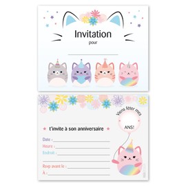 Naïa Design - 15 cartes d’invitation fête enfant en français avec enveloppe - Carte invitation anniversaire - format de 5.5 x 4.25 pouces - Originale et personnalisée - Thème chat Squishmallow