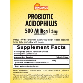 Sundance Probiotic Acidophilus | 500 Million Active Cultures | 60 Quick Release Capsules | Non-GMO, Gluten Free Supplement