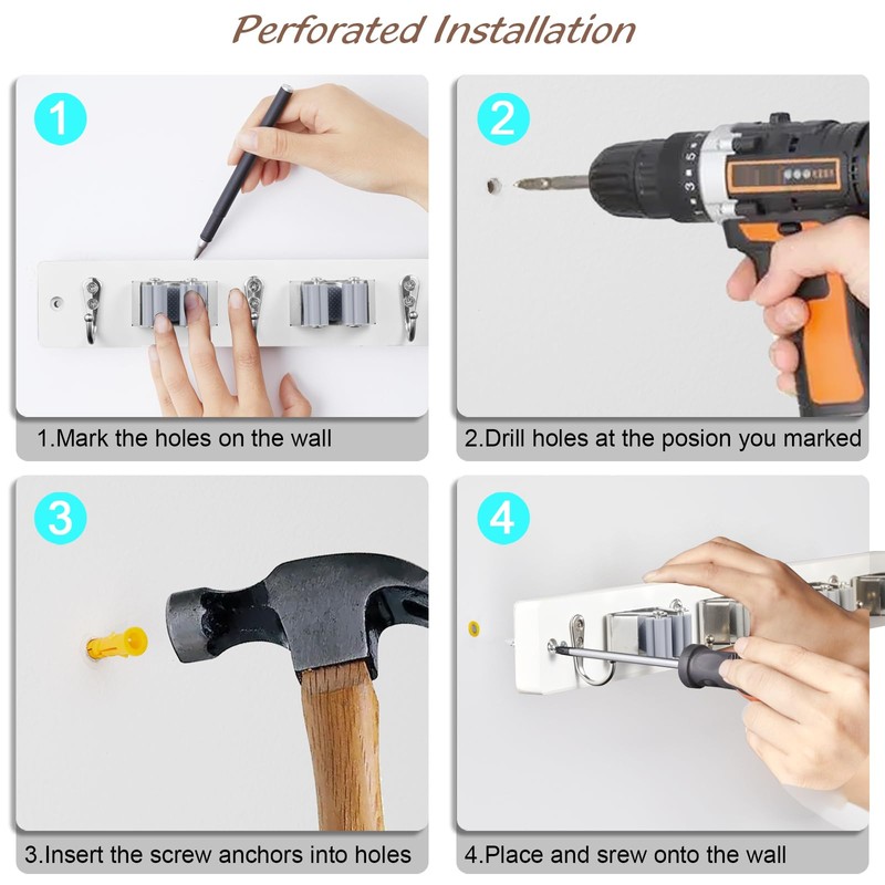 OUTNILI White Mop Broom Holder Wall Mount with 4 Slots