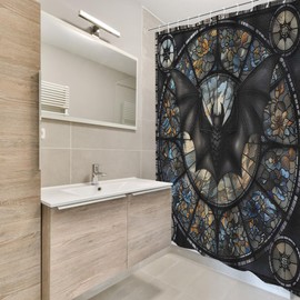 Printspree Vintage Gothic Bat Stained Glass Design Shower Curtain - Dark Floral Art Deco Bath Decor - Elegant Fabric Bathroom Decoration with 12 Hooks- 72x72 inches
