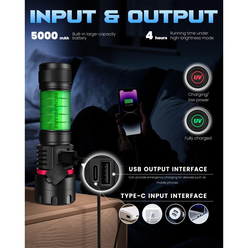 DARKBEAM UV Flashlight 365nm Black Light, 6xLED Quad-core Rechargeable Powerful