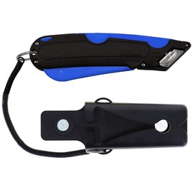 Veltec EZ-1000 Safety Box Cutter Utility Knife, 3 Blade Depth Setting, Squeeze Trigger and Dual Side Edge Guide, 2 Blades, Holster and Lanyard (Blue)