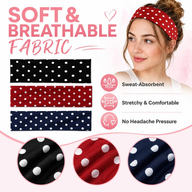 3 Pack Polka Dot Headbands for Women, 2 Inch Wide