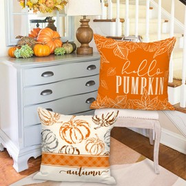 Benjia 45x45 Autumn Cushion Covers Set of 4, Hello Pumpkin Decorative Holiday 18x18 Inch Fall Throw Pillow Covers Thanksgiving Pillow Case for Indoor Home Bedroom Couch Sofa Decor Orange 45x45cm