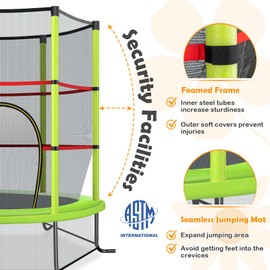 KOTEK 55" Toddler Trampoline, ASTM Approved Mini Recreational Trampoline with Safety Enclosure Net & Double-Sided Zipper, Indoor Trampoline for Kids Ages 3-8, Chritsmas Birthday Gift for Boys Girls