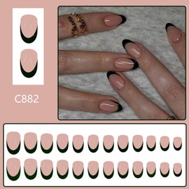 Black French Tip Press on Nails Medium Oval Glue on Nails Mirror False Nails Full Cover Acrylic Fake Nails for Women Girls