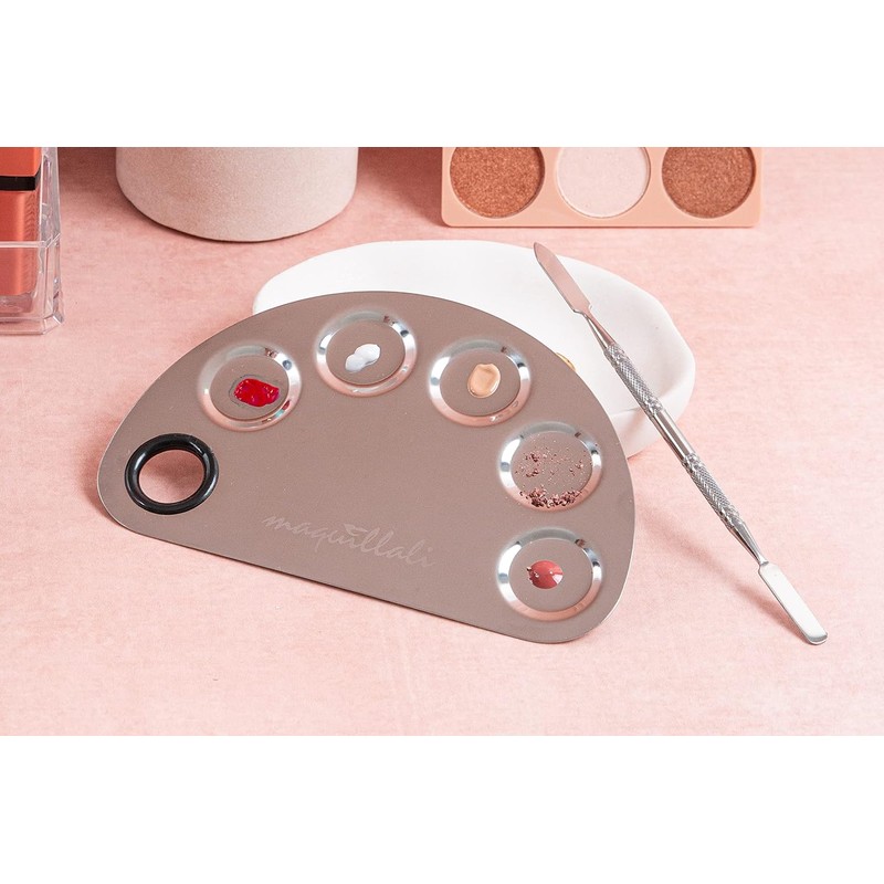 PALETA DE ACERO INOXIDABLE PARA MEZCLA DE MAQUILLAJE CON ESPATULA